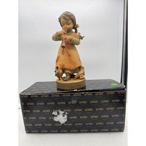 Vintage Dolfi Hand Carved Wood Figurine Sculpture Girl Playing Flute to Bird Chi